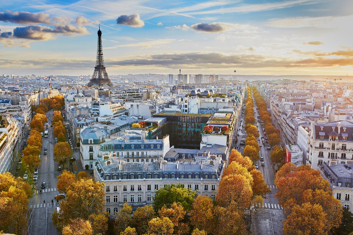 Aerial panoramic cityscape view of Paris, France with the Eiffel tower on a fall day